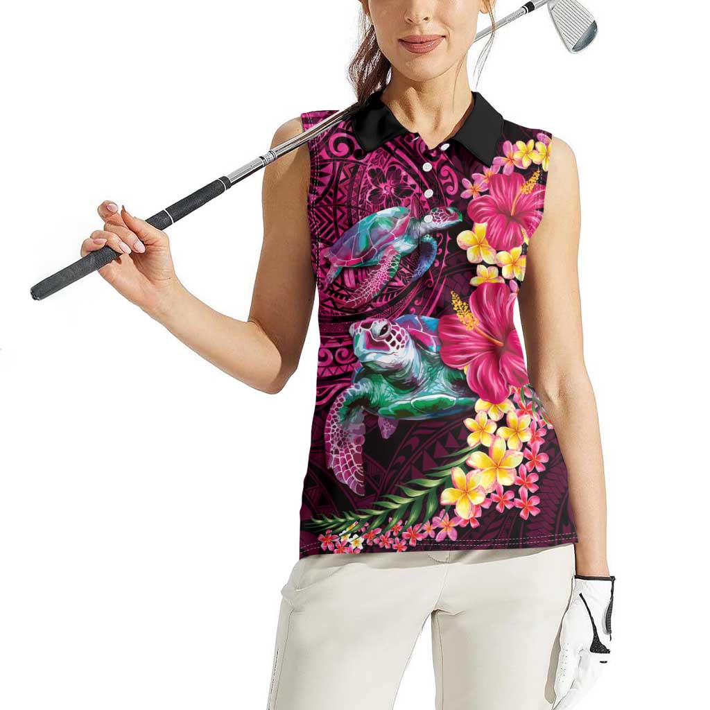 Hawaiian Plumeria and Hibiscus with Turtles Women Sleeveless Polo Shirt Polynesian Art Red Color LT03 - Polynesian Pride