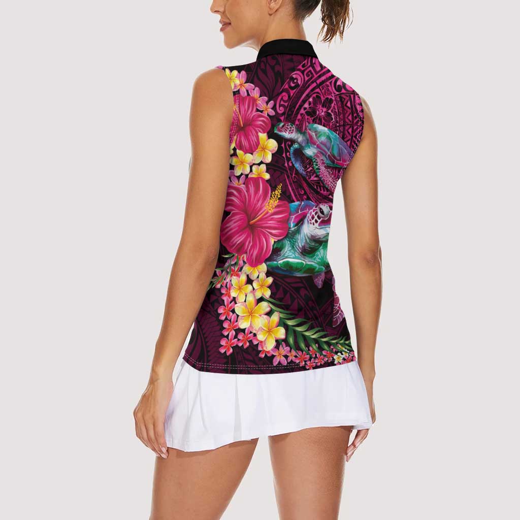 Hawaiian Plumeria and Hibiscus with Turtles Women Sleeveless Polo Shirt Polynesian Art Red Color LT03 - Polynesian Pride