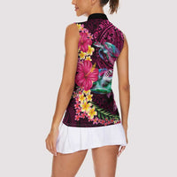 Hawaiian Plumeria and Hibiscus with Turtles Women Sleeveless Polo Shirt Polynesian Art Red Color LT03 - Polynesian Pride