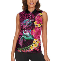 Hawaiian Plumeria and Hibiscus with Turtles Women Sleeveless Polo Shirt Polynesian Art Red Color LT03 - Polynesian Pride