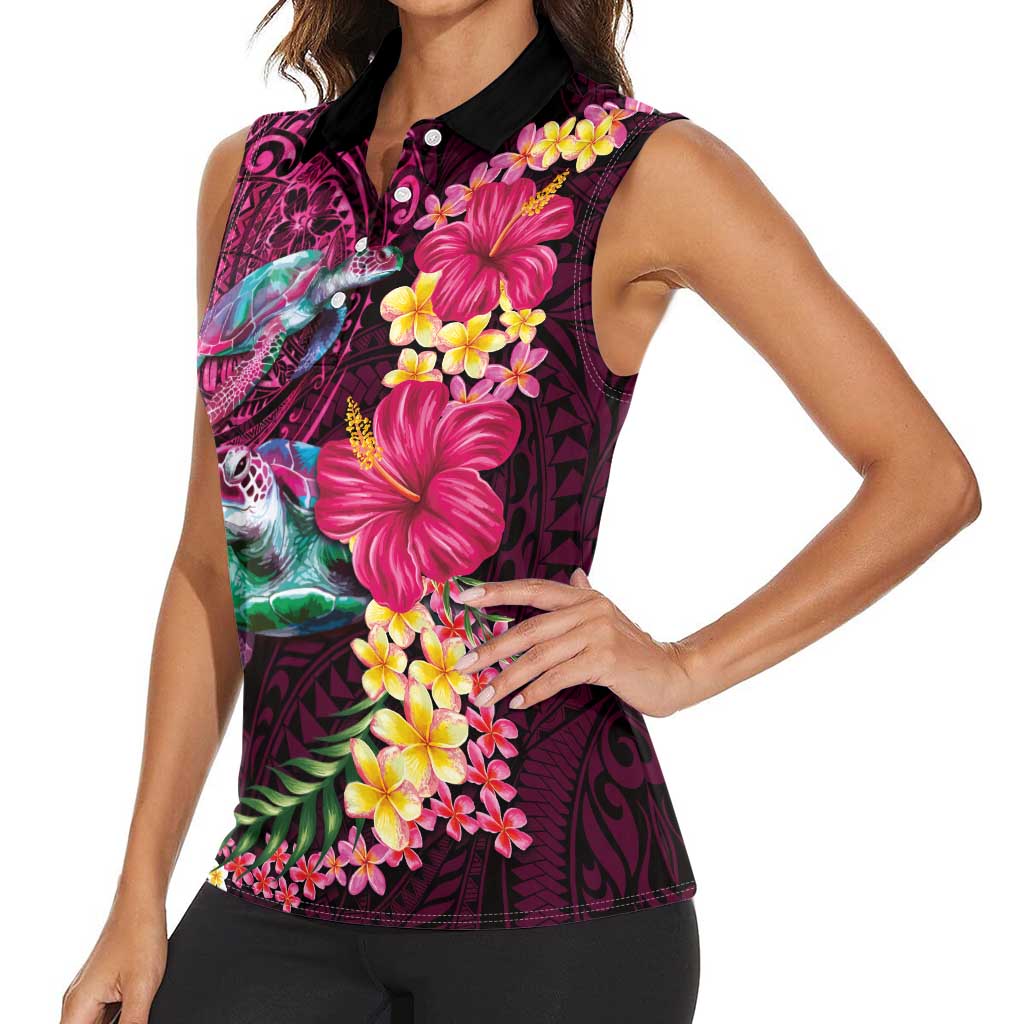 Hawaiian Plumeria and Hibiscus with Turtles Women Sleeveless Polo Shirt Polynesian Art Red Color LT03 - Polynesian Pride