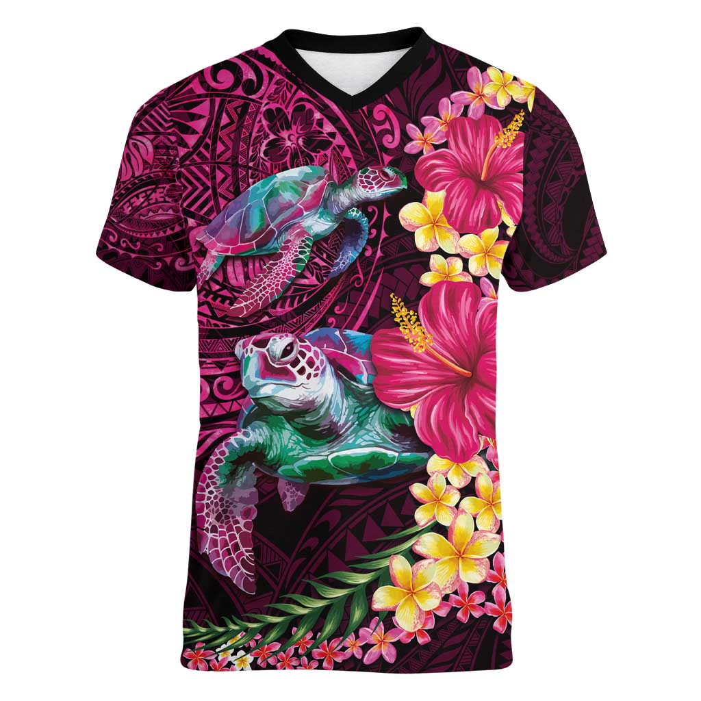 Hawaiian Plumeria and Hibiscus with Turtles Women V-Neck T-Shirt Polynesian Art Red Color LT03 Female Red - Polynesian Pride