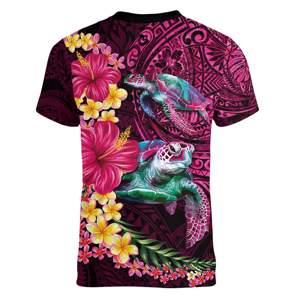 Hawaiian Plumeria and Hibiscus with Turtles Women V-Neck T-Shirt Polynesian Art Red Color LT03 - Polynesian Pride