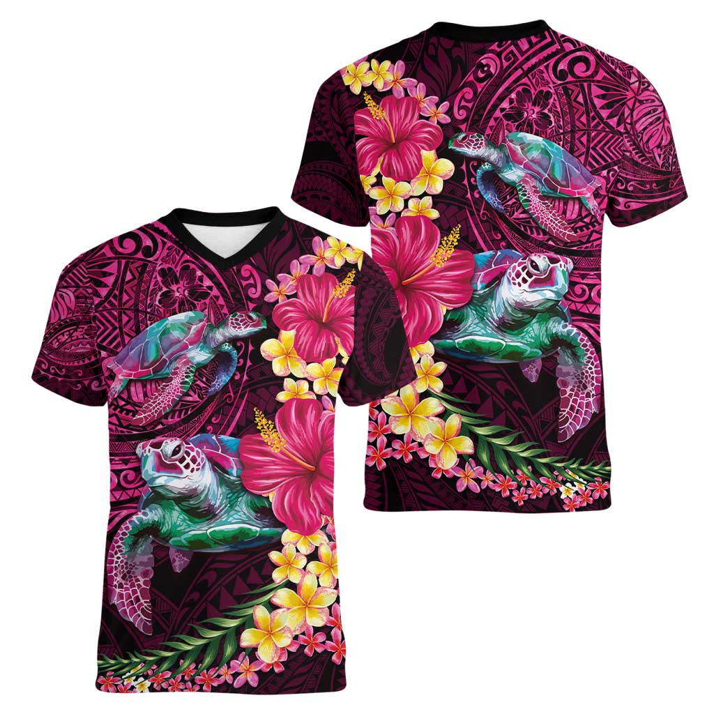 Hawaiian Plumeria and Hibiscus with Turtles Women V-Neck T-Shirt Polynesian Art Red Color LT03 - Polynesian Pride