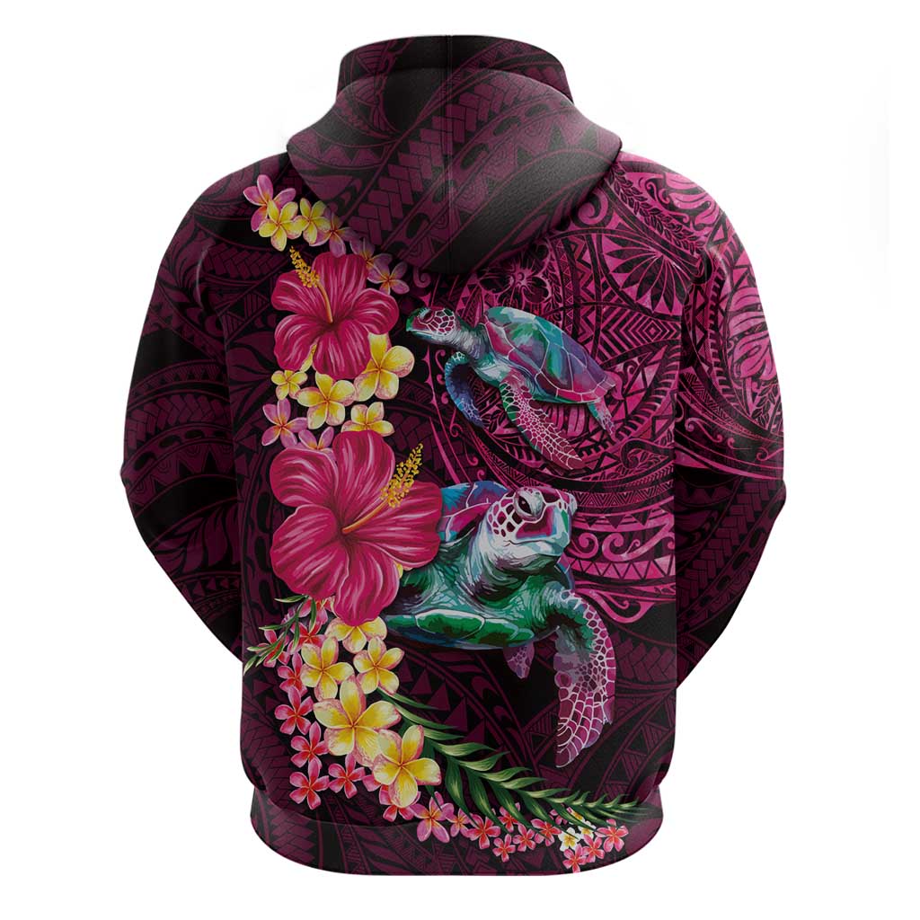 Hawaiian Plumeria and Hibiscus with Turtles Zip Hoodie Polynesian Art Red Color LT03 - Polynesian Pride