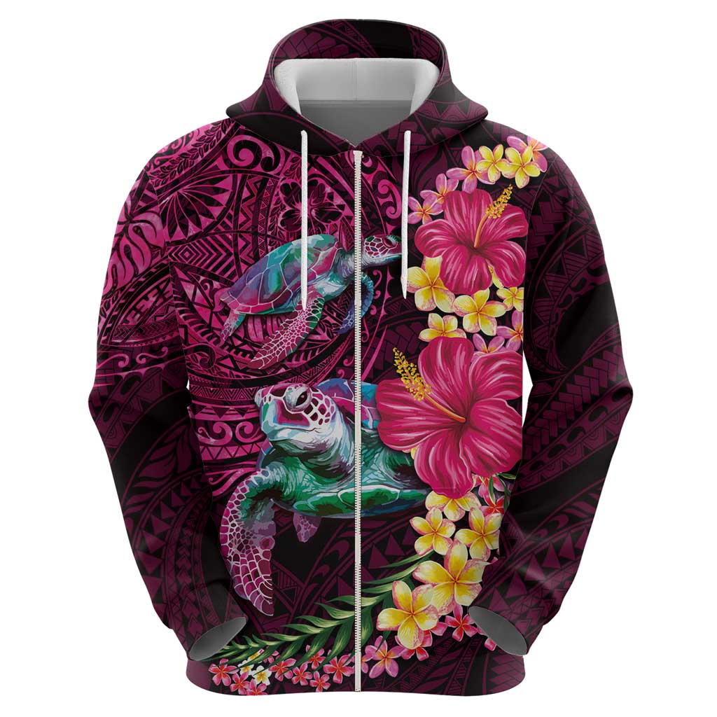 Hawaiian Plumeria and Hibiscus with Turtles Zip Hoodie Polynesian Art Red Color LT03 - Polynesian Pride