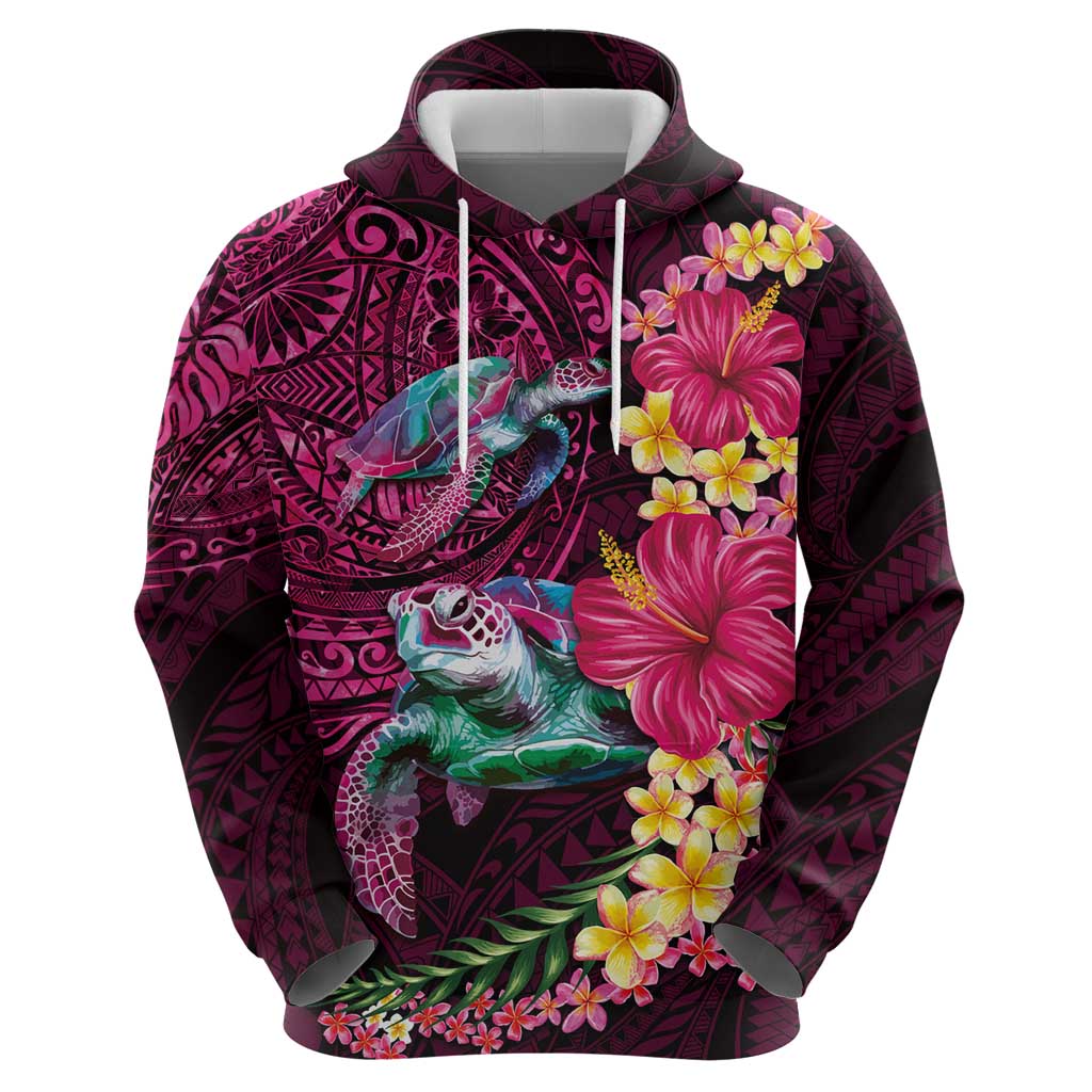 Hawaiian Plumeria and Hibiscus with Turtles Zip Hoodie Polynesian Art Red Color LT03 - Polynesian Pride