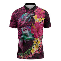Hawaiian Plumeria and Hibiscus with Turtles Zipper Polo Shirt Polynesian Art Red Color LT03 Red - Polynesian Pride
