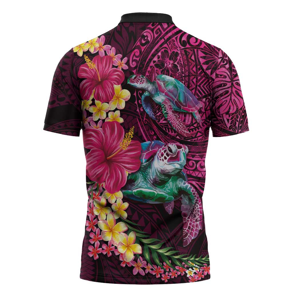 Hawaiian Plumeria and Hibiscus with Turtles Zipper Polo Shirt Polynesian Art Red Color LT03 - Polynesian Pride