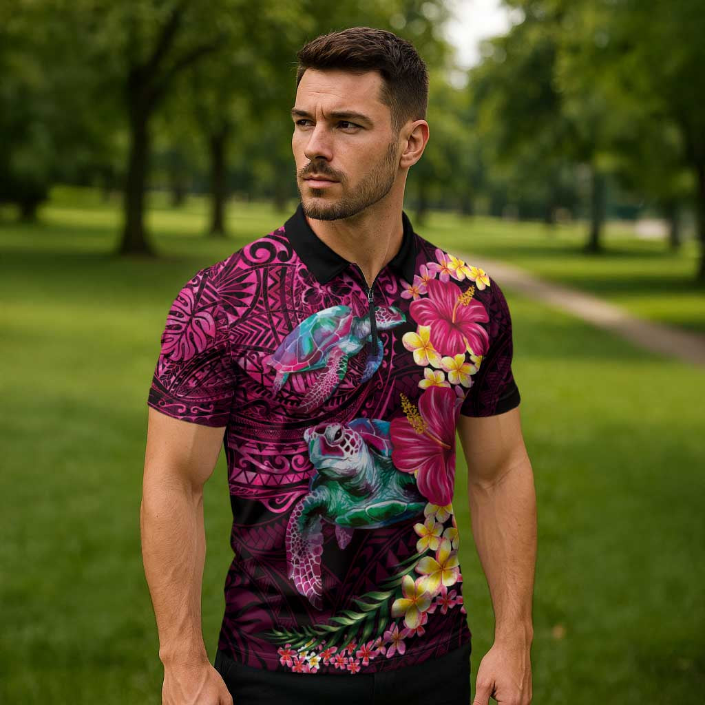 Hawaiian Plumeria and Hibiscus with Turtles Zipper Polo Shirt Polynesian Art Red Color LT03 - Polynesian Pride