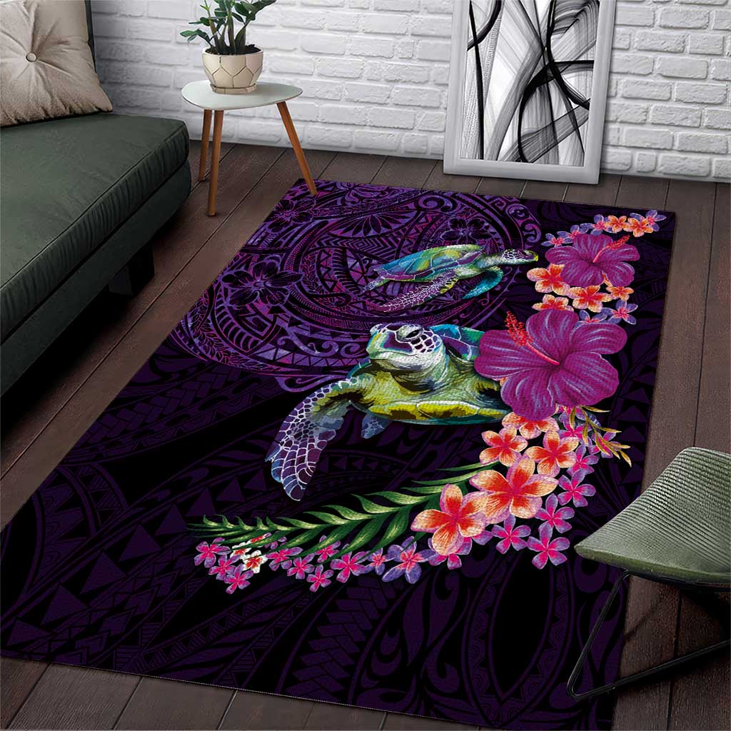 Hawaiian Plumeria and Hibiscus with Turtles Area Rug Polynesian Art Purple Color LT03 Purple - Polynesian Pride