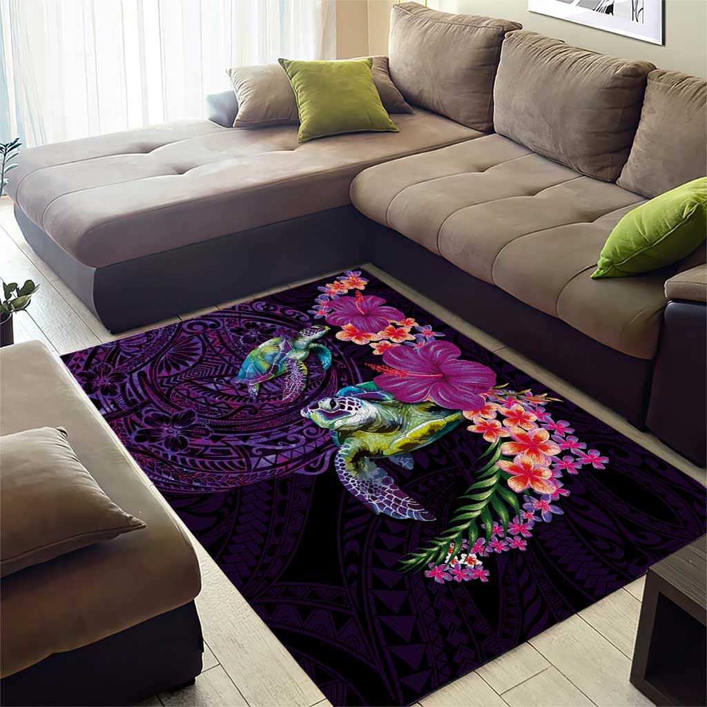 Hawaiian Plumeria and Hibiscus with Turtles Area Rug Polynesian Art Purple Color LT03 - Polynesian Pride