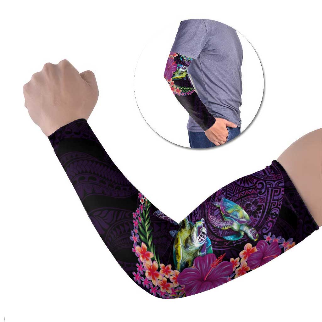 Hawaiian Plumeria and Hibiscus with Turtles Arm Sleeves Polynesian Art Purple Color LT03 Set of 2 Purple - Polynesian Pride
