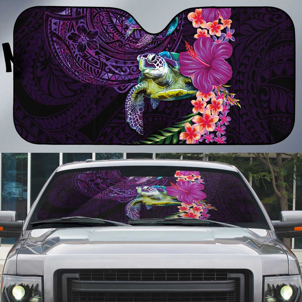 Hawaiian Plumeria and Hibiscus with Turtles Auto Sun Shade Polynesian Art Purple Color LT03 Purple - Polynesian Pride