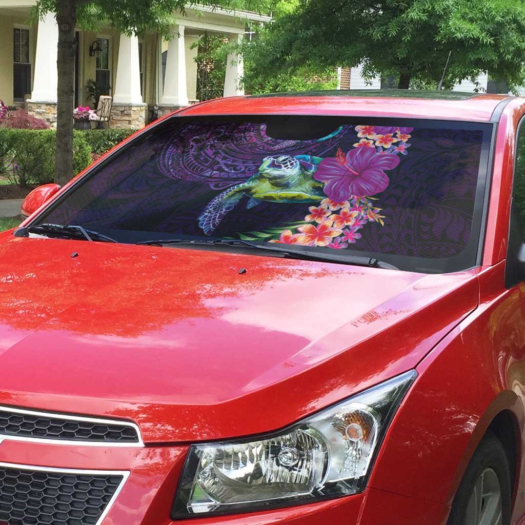 Hawaiian Plumeria and Hibiscus with Turtles Auto Sun Shade Polynesian Art Purple Color LT03 - Polynesian Pride