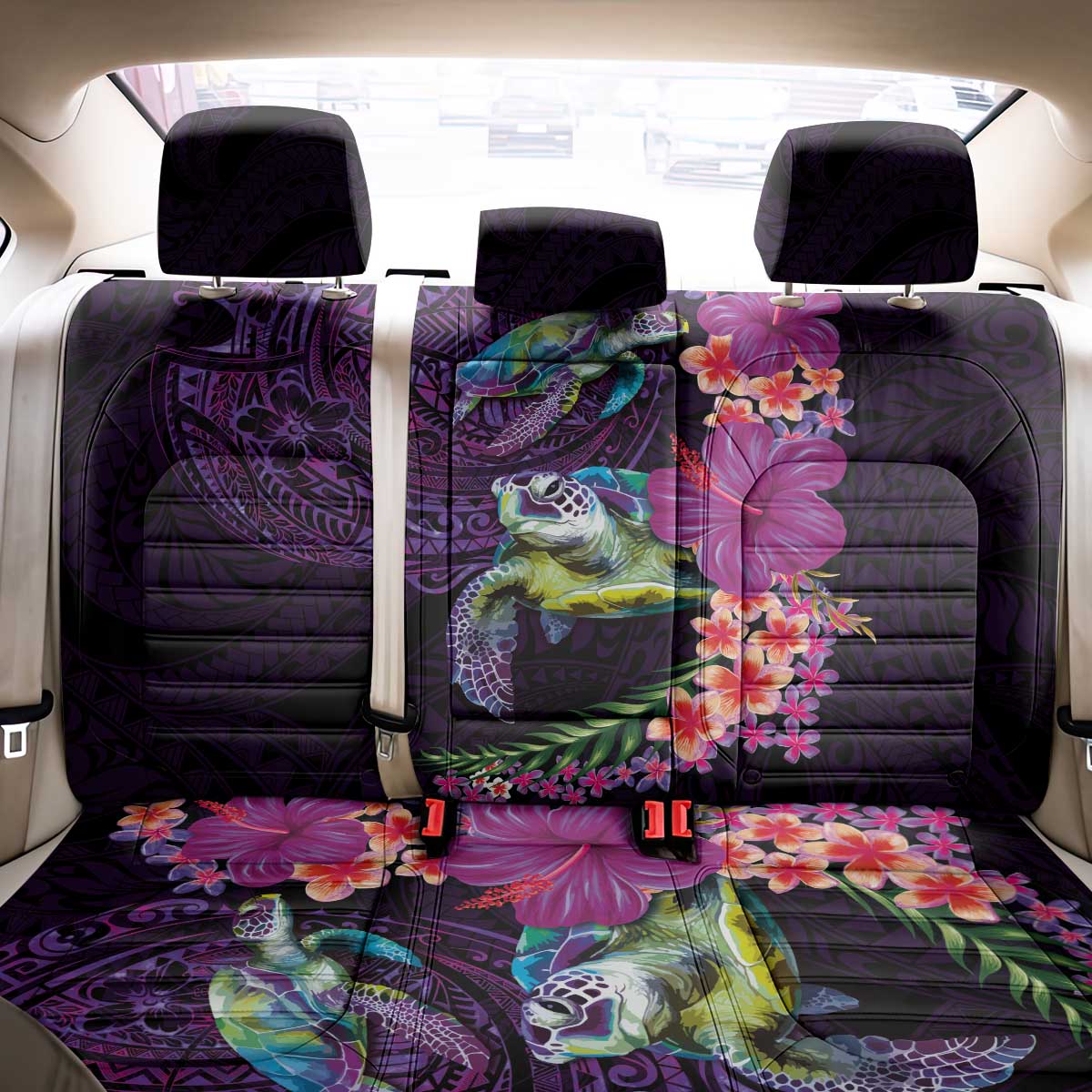 Hawaiian Plumeria and Hibiscus with Turtles Back Car Seat Cover Polynesian Art Purple Color LT03 - Polynesian Pride