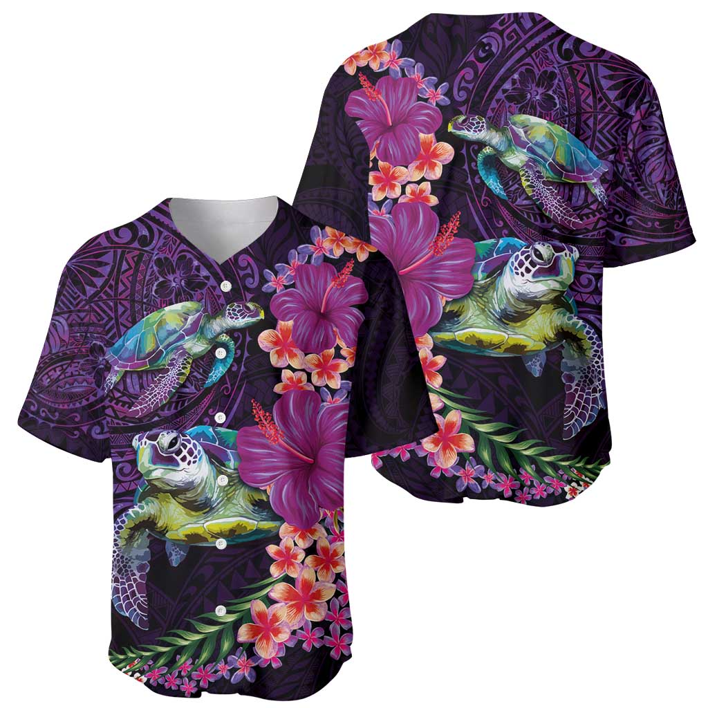 Hawaiian Plumeria and Hibiscus with Turtles Baseball Jersey Polynesian Art Purple Color LT03 - Polynesian Pride