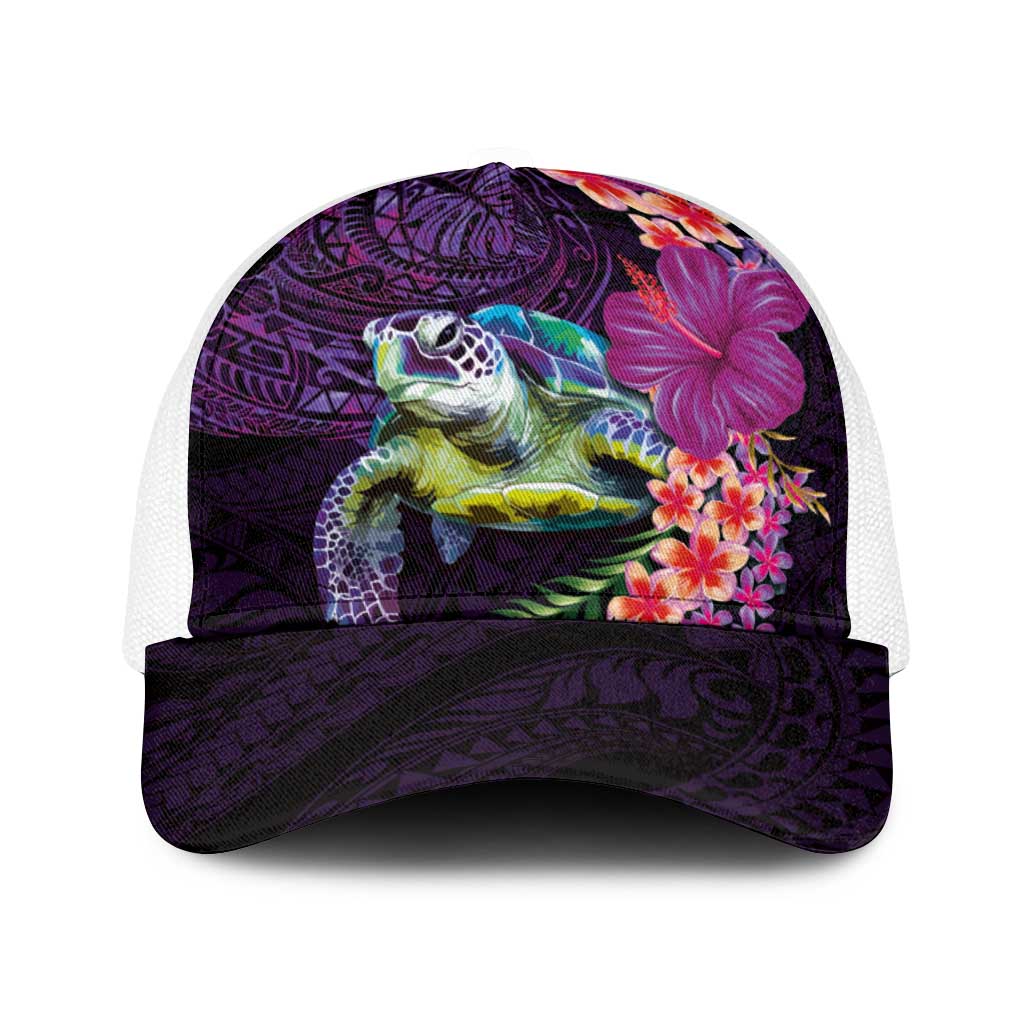 Hawaiian Plumeria and Hibiscus with Turtles Baseball Net Cap Polynesian Art Purple Color - Polynesian Pride