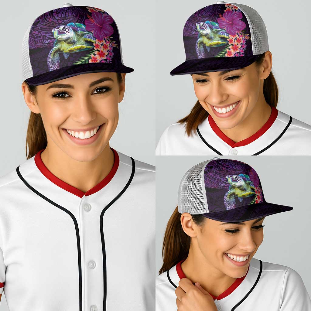 Hawaiian Plumeria and Hibiscus with Turtles Baseball Net Cap Polynesian Art Purple Color - Polynesian Pride