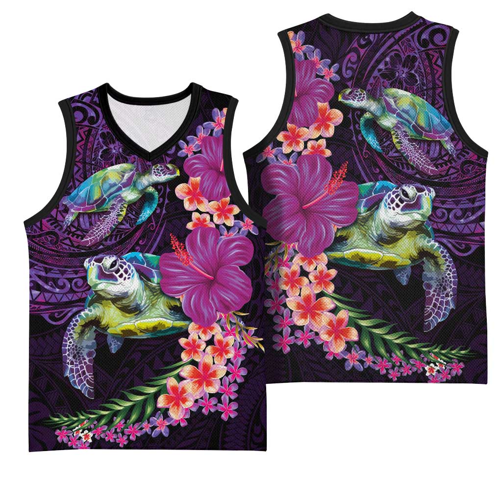 Hawaiian Plumeria and Hibiscus with Turtles Basketball Jersey Polynesian Art Purple Color LT03 - Polynesian Pride