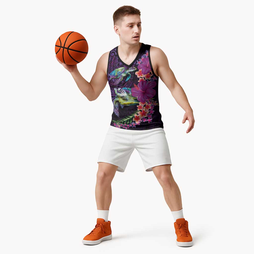 Hawaiian Plumeria and Hibiscus with Turtles Basketball Jersey Polynesian Art Purple Color LT03 - Polynesian Pride