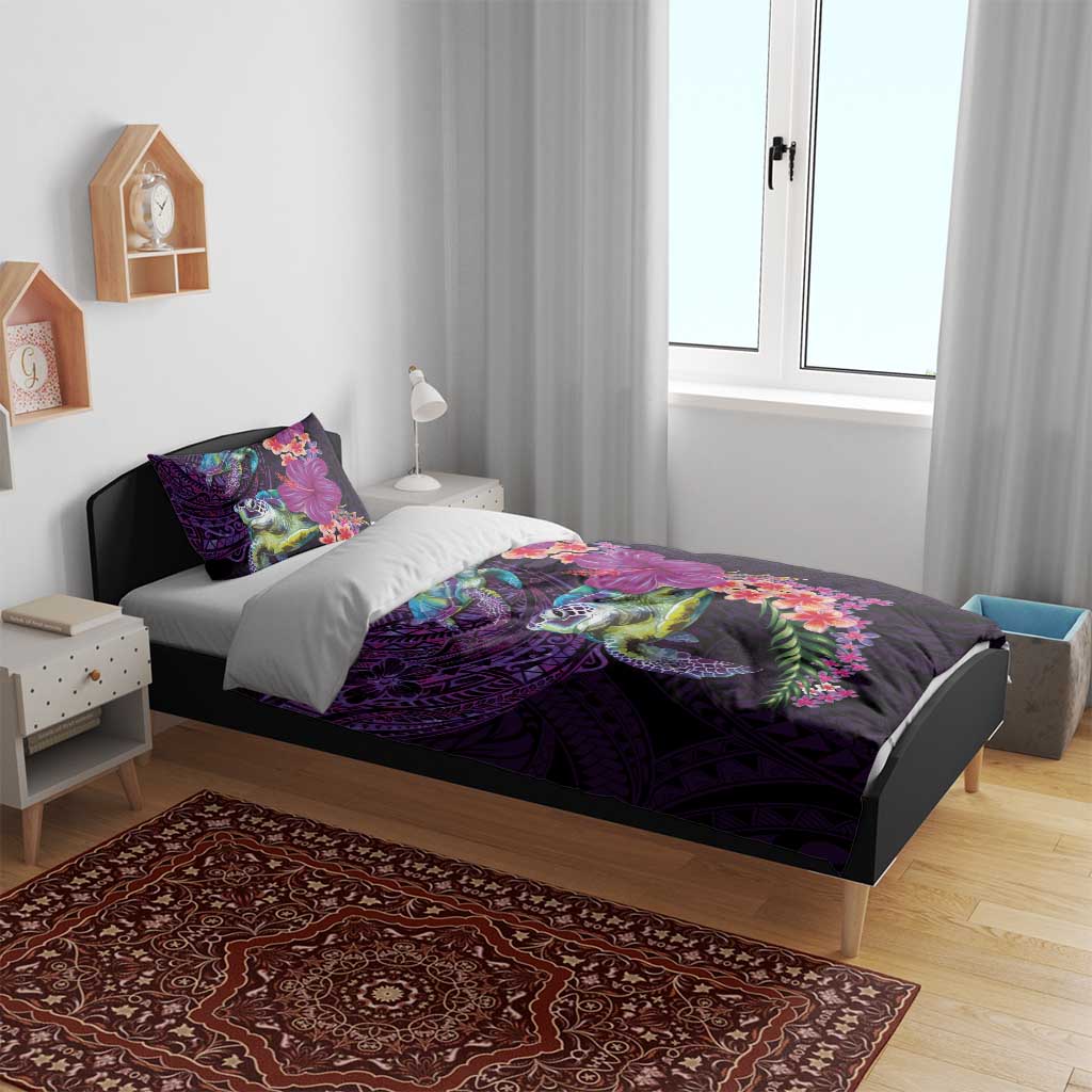 Hawaiian Plumeria and Hibiscus with Turtles Bedding Set Polynesian Art Purple Color - Polynesian Pride