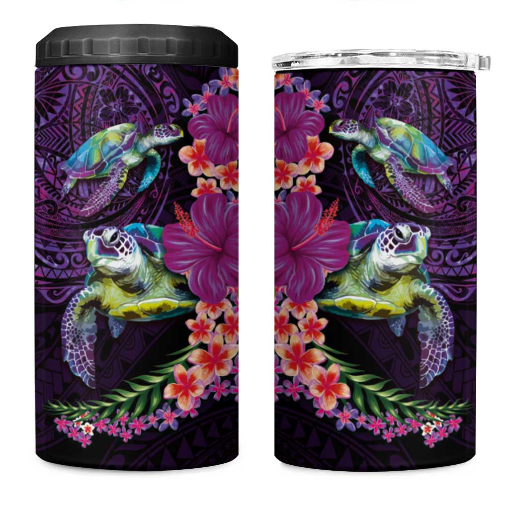 Hawaiian Plumeria and Hibiscus with Turtles 4 in 1 Can Cooler Tumbler Polynesian Art Purple Color LT03 One Size: 16 oz Purple - Polynesian Pride