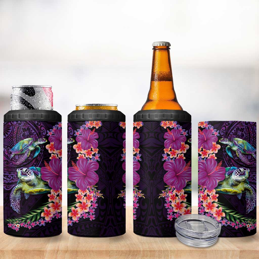 Hawaiian Plumeria and Hibiscus with Turtles 4 in 1 Can Cooler Tumbler Polynesian Art Purple Color LT03 - Polynesian Pride