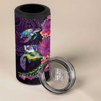 Hawaiian Plumeria and Hibiscus with Turtles 4 in 1 Can Cooler Tumbler Polynesian Art Purple Color LT03 - Polynesian Pride