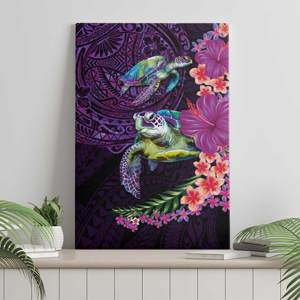 Hawaiian Plumeria and Hibiscus with Turtles Canvas Wall Art Polynesian Art Purple Color LT03 - Polynesian Pride
