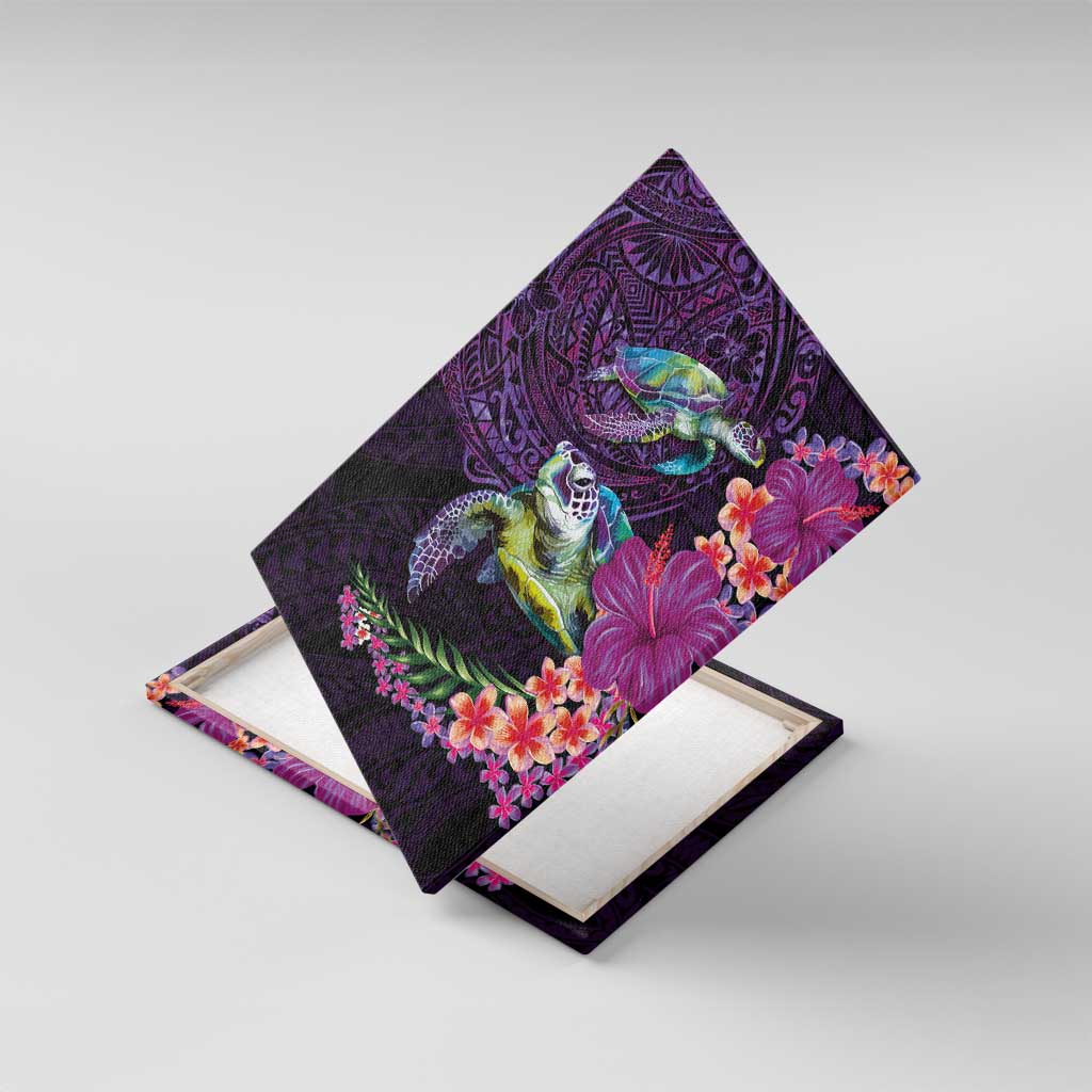 Hawaiian Plumeria and Hibiscus with Turtles Canvas Wall Art Polynesian Art Purple Color LT03 With Frame Purple - Polynesian Pride