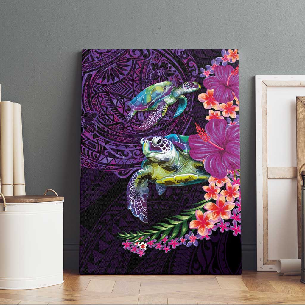 Hawaiian Plumeria and Hibiscus with Turtles Canvas Wall Art Polynesian Art Purple Color LT03 - Polynesian Pride