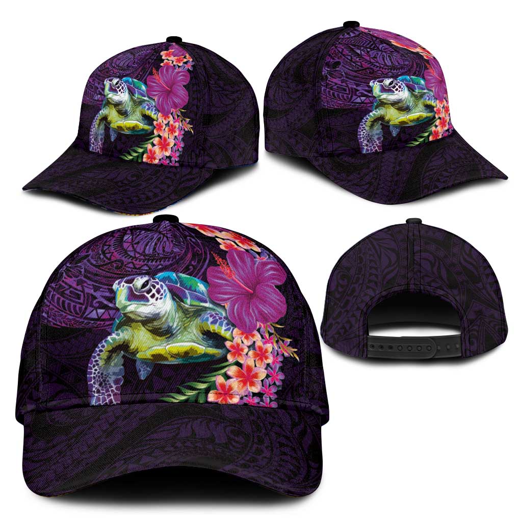 Hawaiian Plumeria and Hibiscus with Turtles Classic Cap Polynesian Art Purple Color - Polynesian Pride