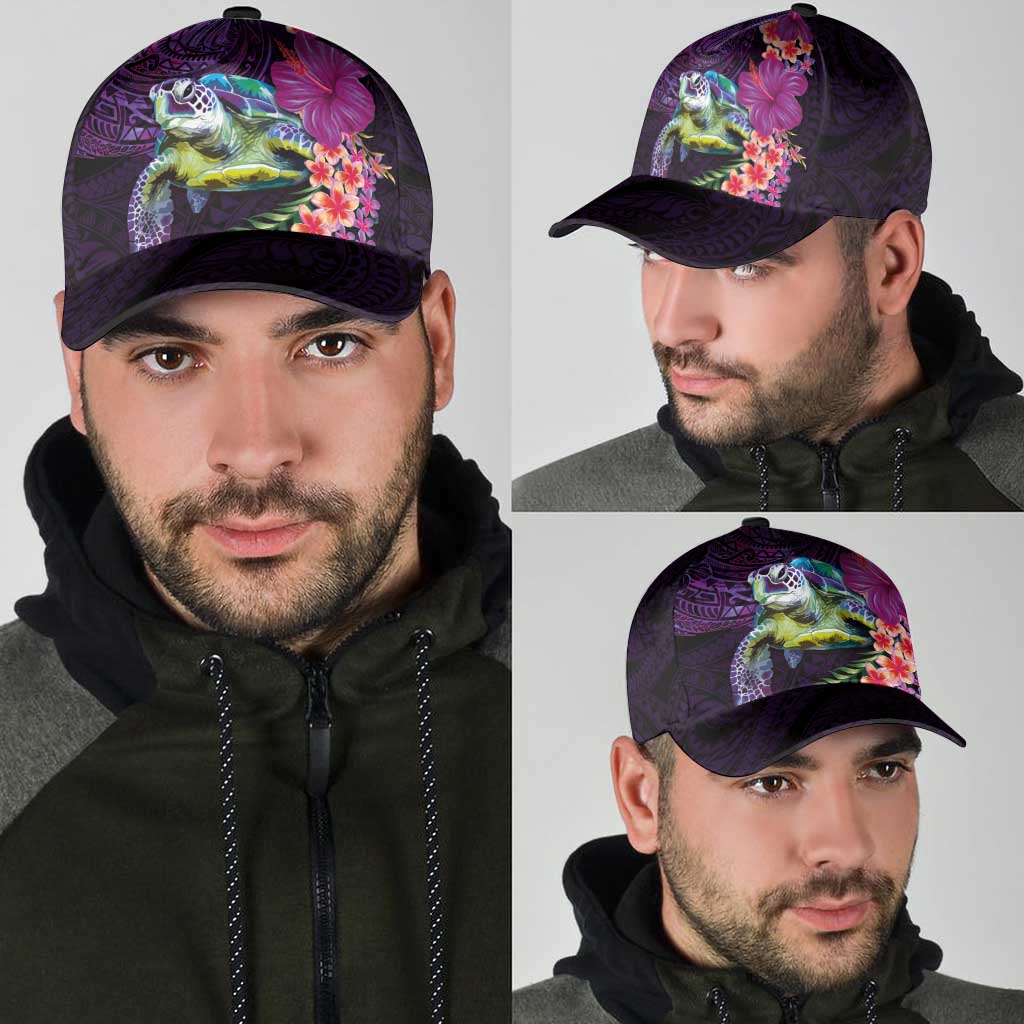 Hawaiian Plumeria and Hibiscus with Turtles Classic Cap Polynesian Art Purple Color - Polynesian Pride