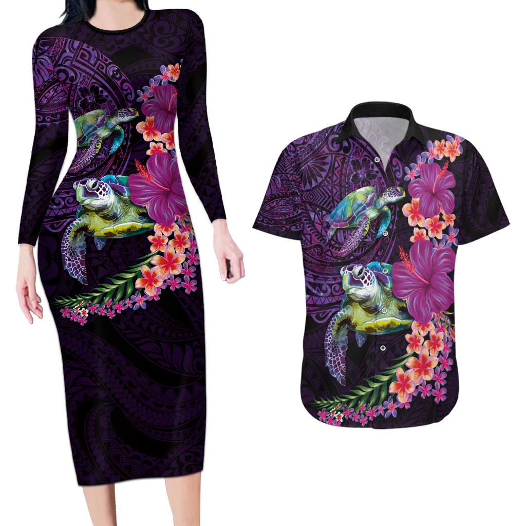 Hawaiian Plumeria and Hibiscus with Turtles Couples Matching Long Sleeve Bodycon Dress and Hawaiian Shirt Polynesian Art Purple Color LT03 Purple - Polynesian Pride