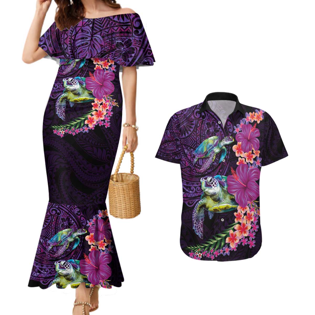 Hawaiian Plumeria and Hibiscus with Turtles Couples Matching Mermaid Dress and Hawaiian Shirt Polynesian Art Purple Color LT03 Purple - Polynesian Pride