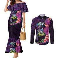 Hawaiian Plumeria and Hibiscus with Turtles Couples Matching Mermaid Dress and Long Sleeve Button Shirt Polynesian Art Purple Color LT03 Purple - Polynesian Pride
