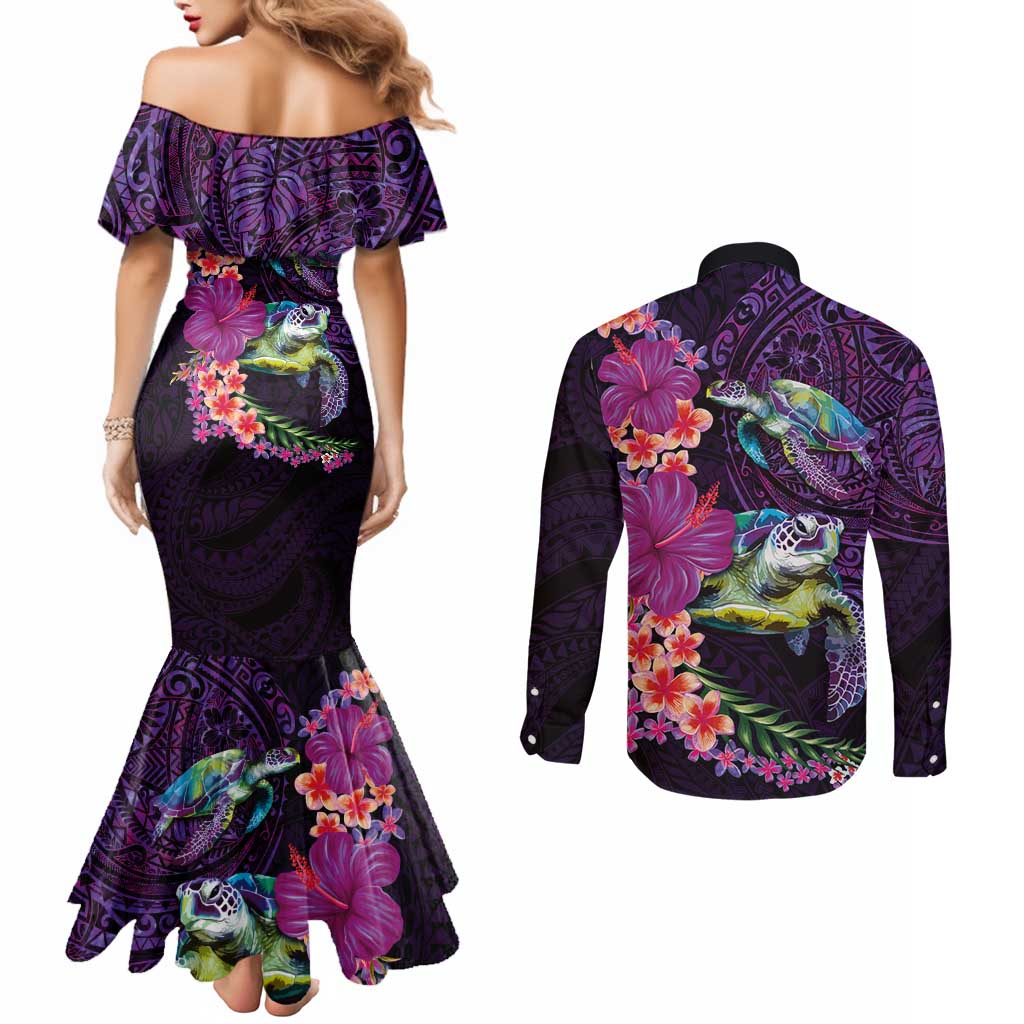 Hawaiian Plumeria and Hibiscus with Turtles Couples Matching Mermaid Dress and Long Sleeve Button Shirt Polynesian Art Purple Color LT03 - Polynesian Pride