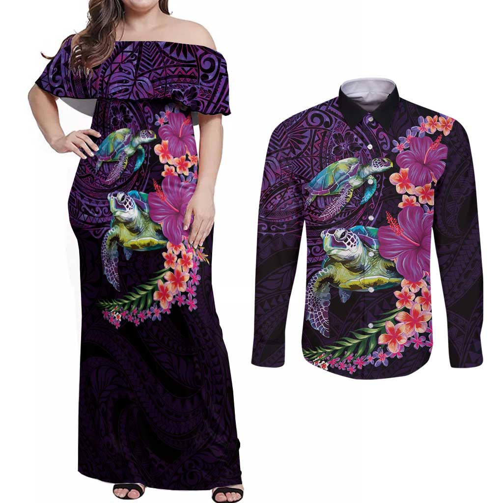 Hawaiian Plumeria and Hibiscus with Turtles Couples Matching Off Shoulder Maxi Dress and Long Sleeve Button Shirt Polynesian Art Purple Color LT03 Purple - Polynesian Pride