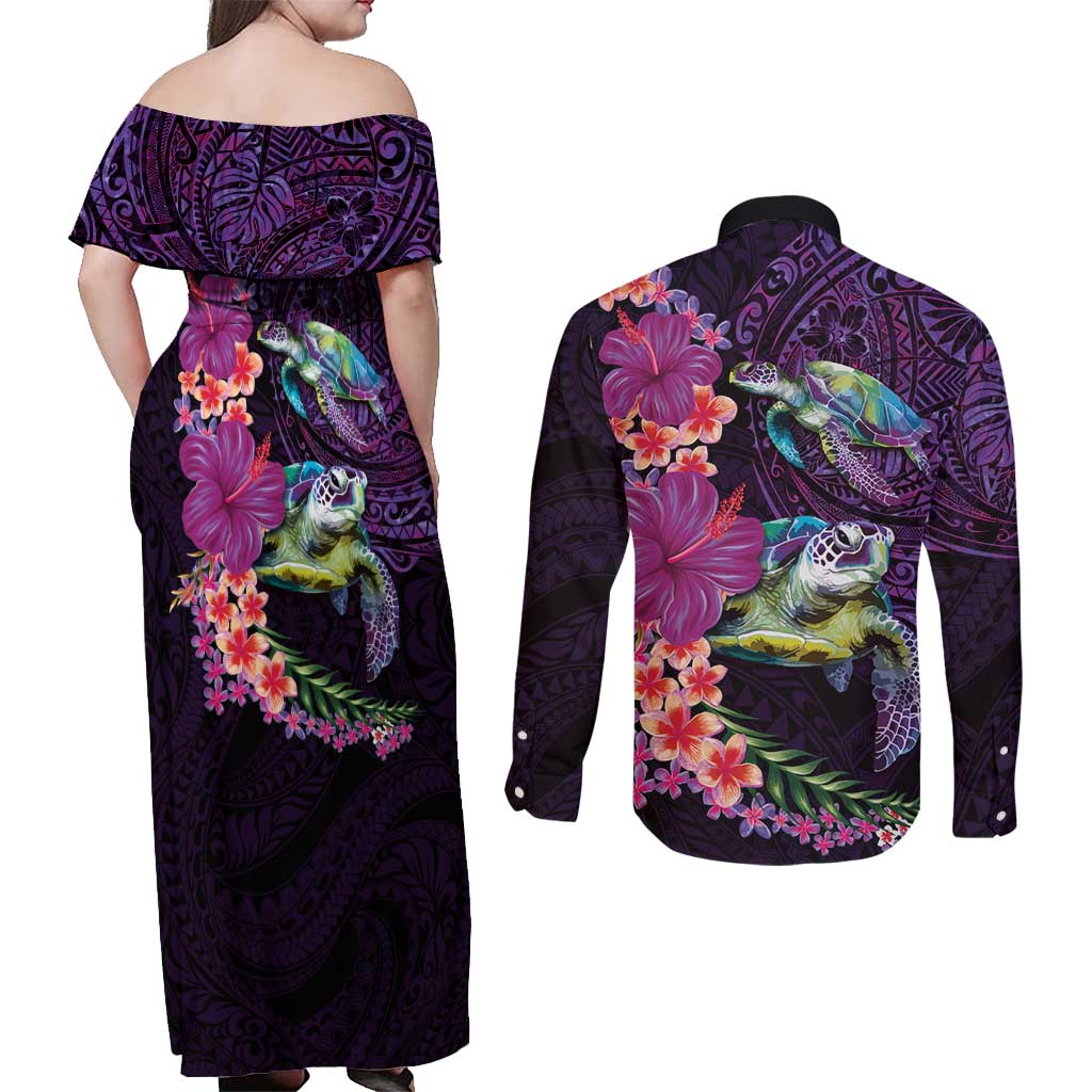 Hawaiian Plumeria and Hibiscus with Turtles Couples Matching Off Shoulder Maxi Dress and Long Sleeve Button Shirt Polynesian Art Purple Color LT03 - Polynesian Pride
