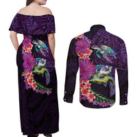 Hawaiian Plumeria and Hibiscus with Turtles Couples Matching Off Shoulder Maxi Dress and Long Sleeve Button Shirt Polynesian Art Purple Color LT03 - Polynesian Pride