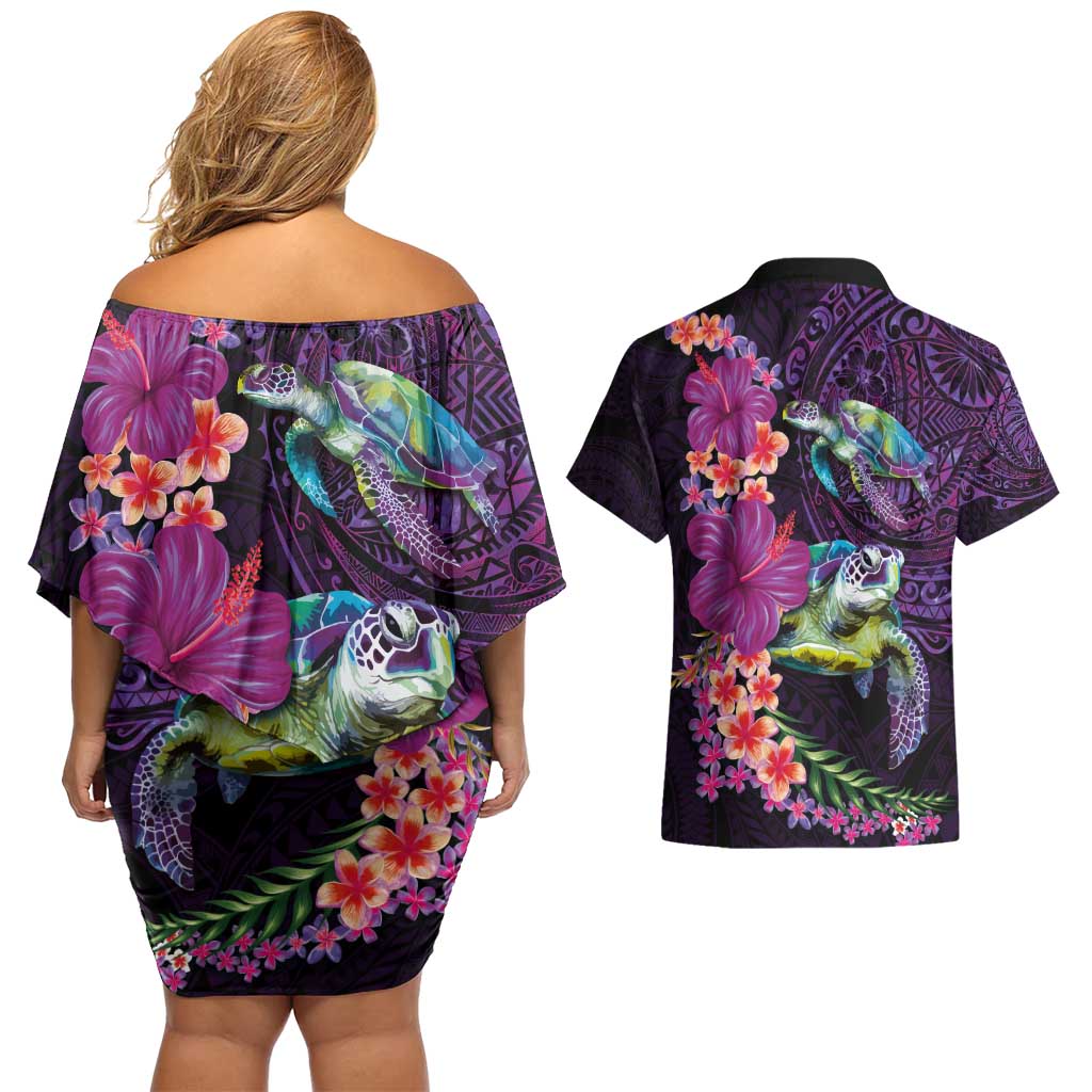 Hawaiian Plumeria and Hibiscus with Turtles Couples Matching Off Shoulder Short Dress and Hawaiian Shirt Polynesian Art Purple Color LT03 - Polynesian Pride