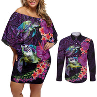 Hawaiian Plumeria and Hibiscus with Turtles Couples Matching Off Shoulder Short Dress and Long Sleeve Button Shirt Polynesian Art Purple Color LT03 Purple - Polynesian Pride