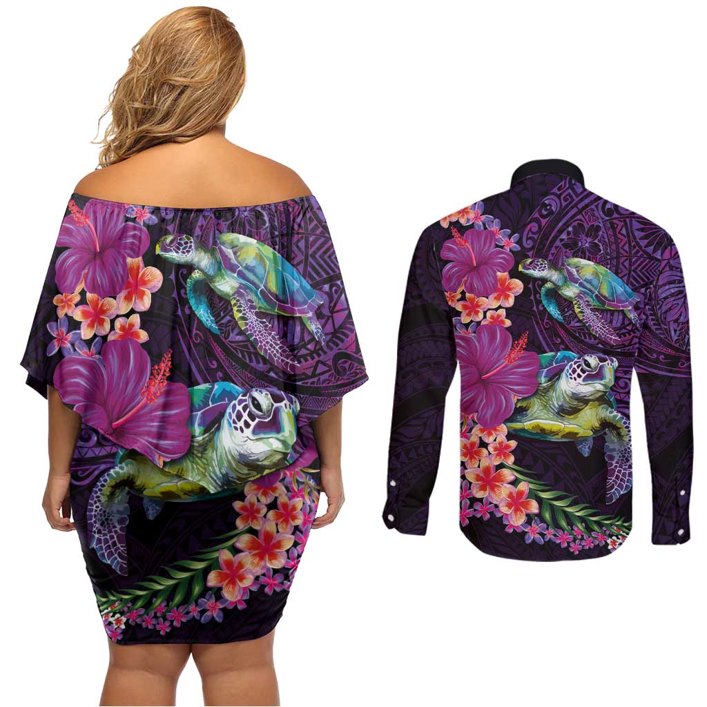 Hawaiian Plumeria and Hibiscus with Turtles Couples Matching Off Shoulder Short Dress and Long Sleeve Button Shirt Polynesian Art Purple Color LT03 - Polynesian Pride