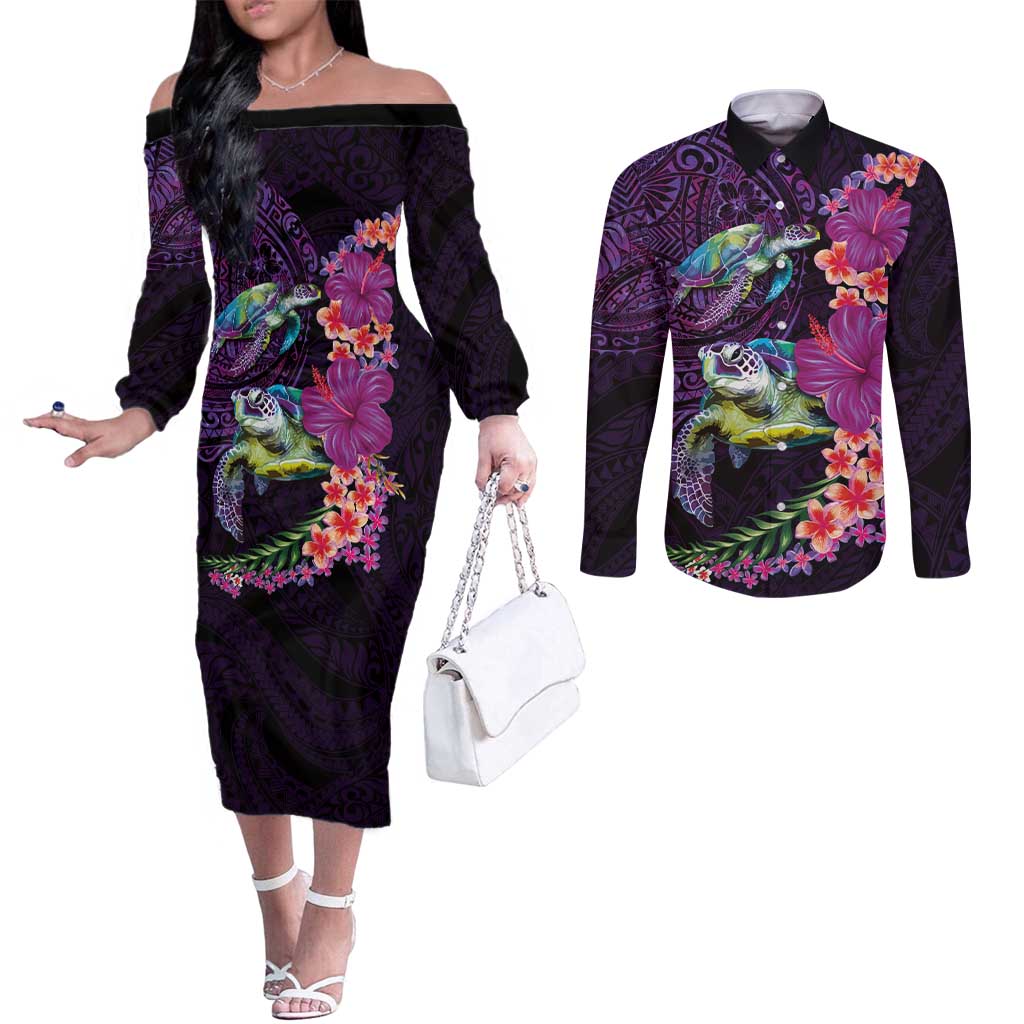 Hawaiian Plumeria and Hibiscus with Turtles Couples Matching Off The Shoulder Long Sleeve Dress and Long Sleeve Button Shirt Polynesian Art Purple Color LT03 Purple - Polynesian Pride