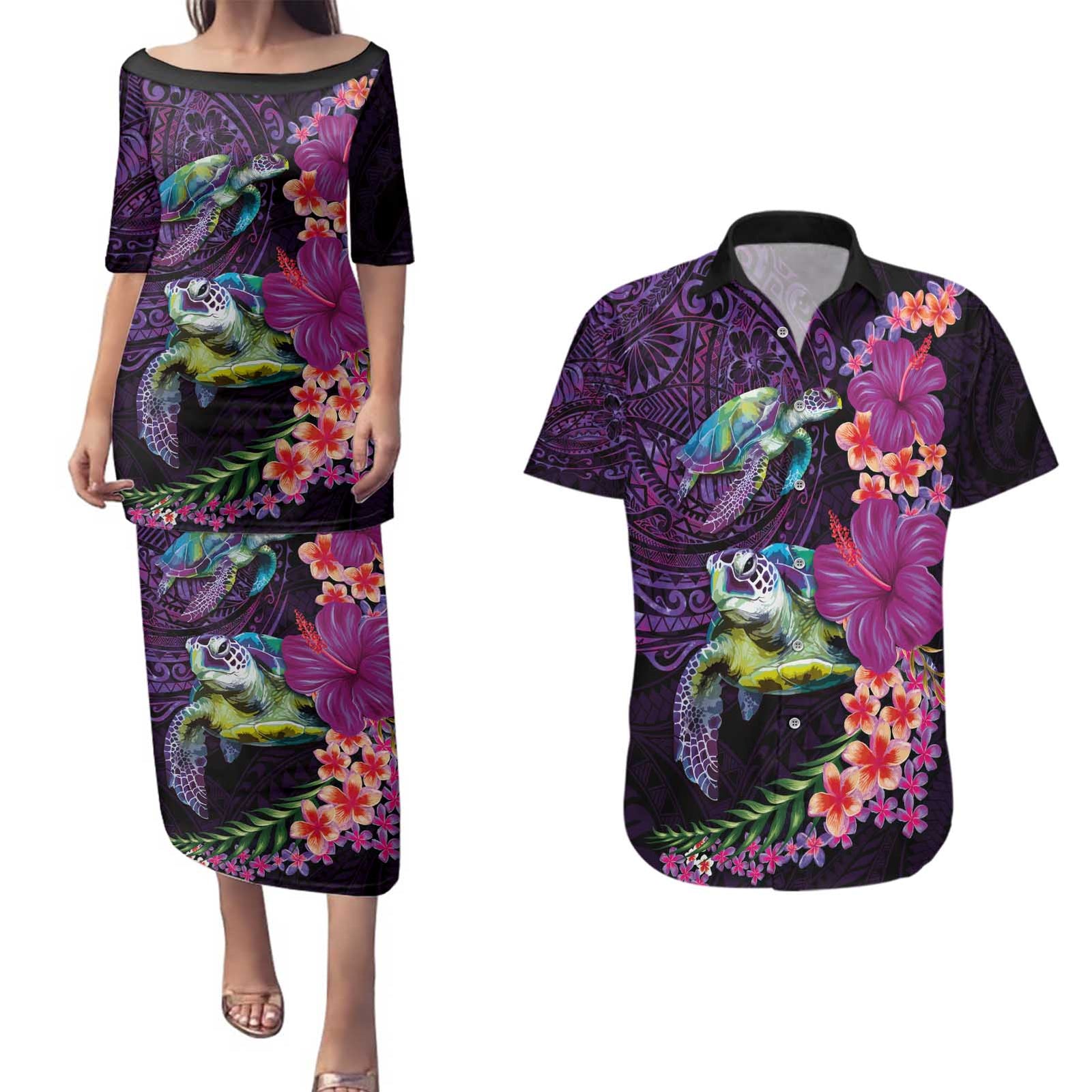 Hawaiian Plumeria and Hibiscus with Turtles Couples Matching Puletasi and Hawaiian Shirt Polynesian Art Purple Color - Polynesian Pride