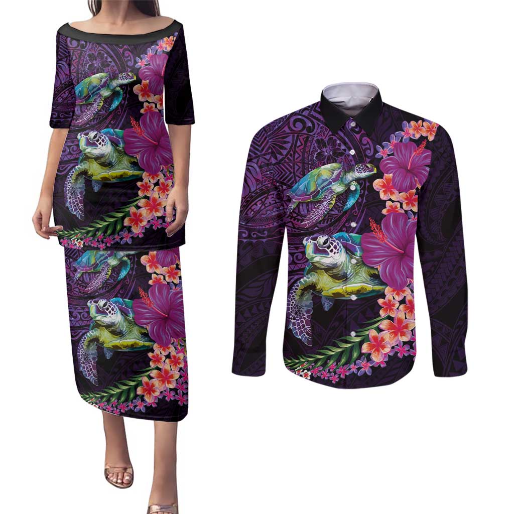 Hawaiian Plumeria and Hibiscus with Turtles Couples Matching Puletasi and Long Sleeve Button Shirt Polynesian Art Purple Color LT03 Purple - Polynesian Pride