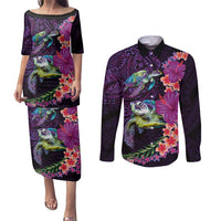 Hawaiian Plumeria and Hibiscus with Turtles Couples Matching Puletasi and Long Sleeve Button Shirt Polynesian Art Purple Color LT03 Purple - Polynesian Pride