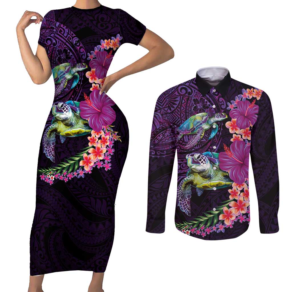 Hawaiian Plumeria and Hibiscus with Turtles Couples Matching Short Sleeve Bodycon Dress and Long Sleeve Button Shirt Polynesian Art Purple Color LT03 Purple - Polynesian Pride