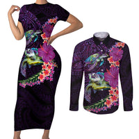 Hawaiian Plumeria and Hibiscus with Turtles Couples Matching Short Sleeve Bodycon Dress and Long Sleeve Button Shirt Polynesian Art Purple Color LT03 Purple - Polynesian Pride